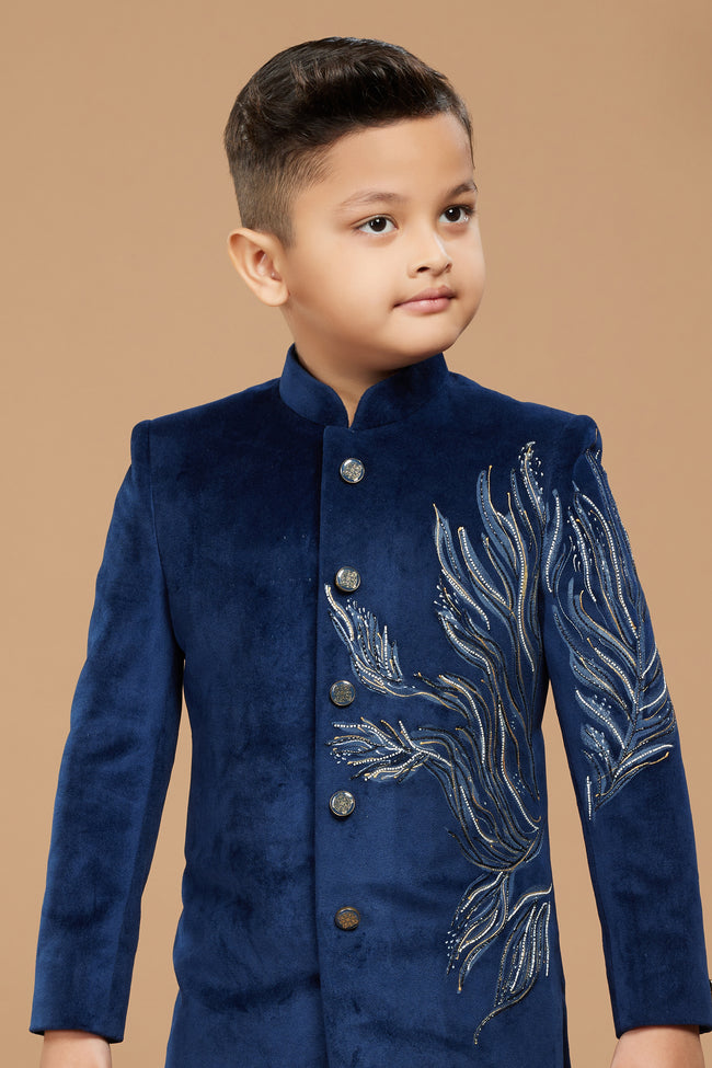 Teal Blue Indowestern Set In Suiting Fabric With Threadwork For Boys