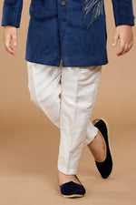 Teal Blue Indowestern Set In Suiting Fabric With Threadwork For Boys
