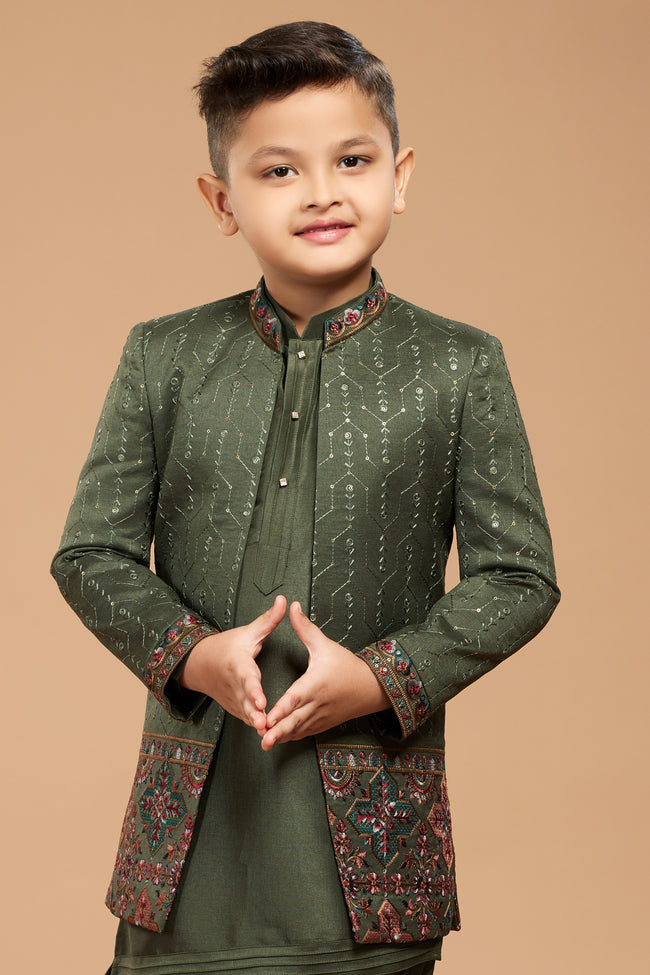 Mehandi Green Readymade Indowestern In Art Silk For Boys