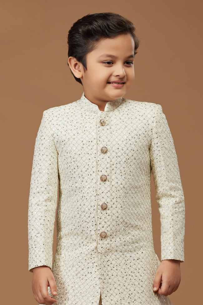 White Cream Dhoti Style Indowestern Set For Boys