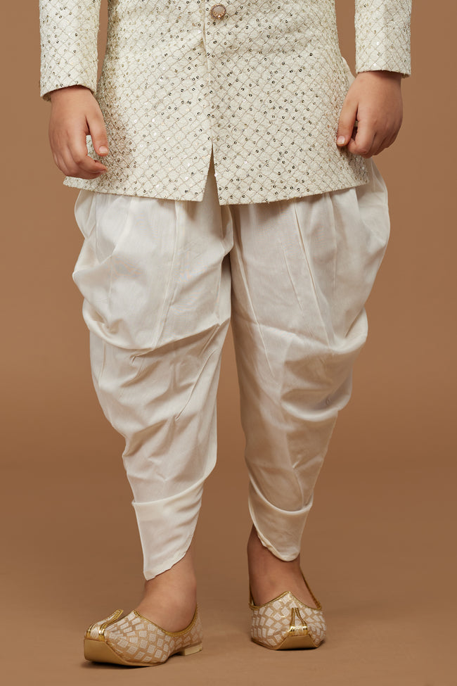 White Cream Dhoti Style Indowestern Set For Boys