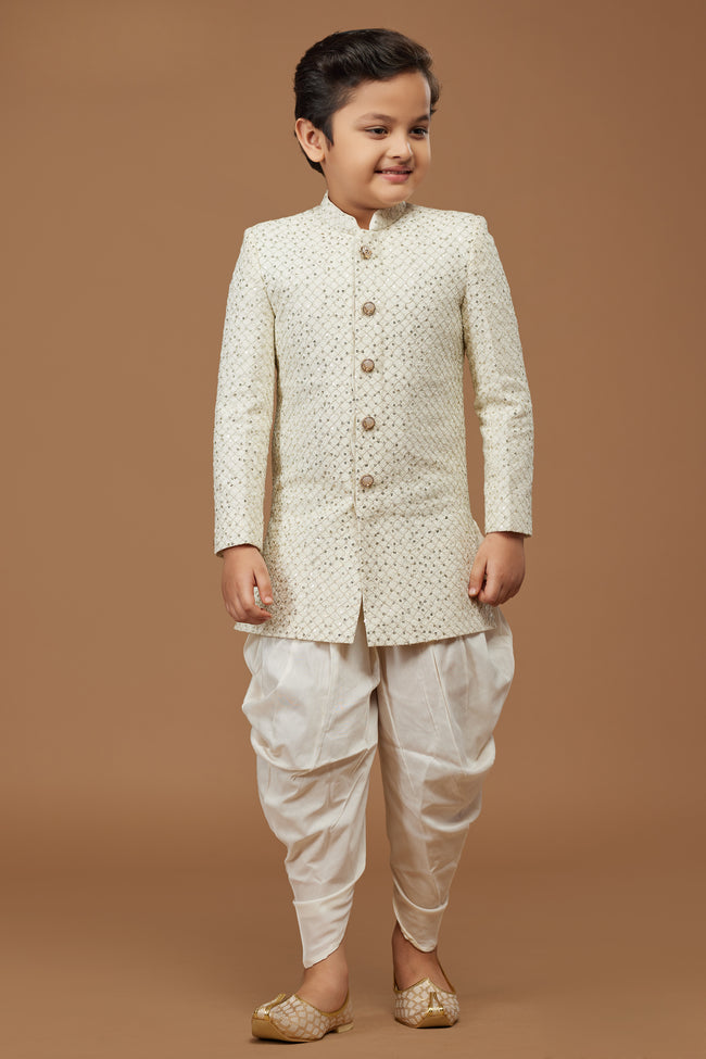 White Cream Dhoti Style Indowestern Set For Boys