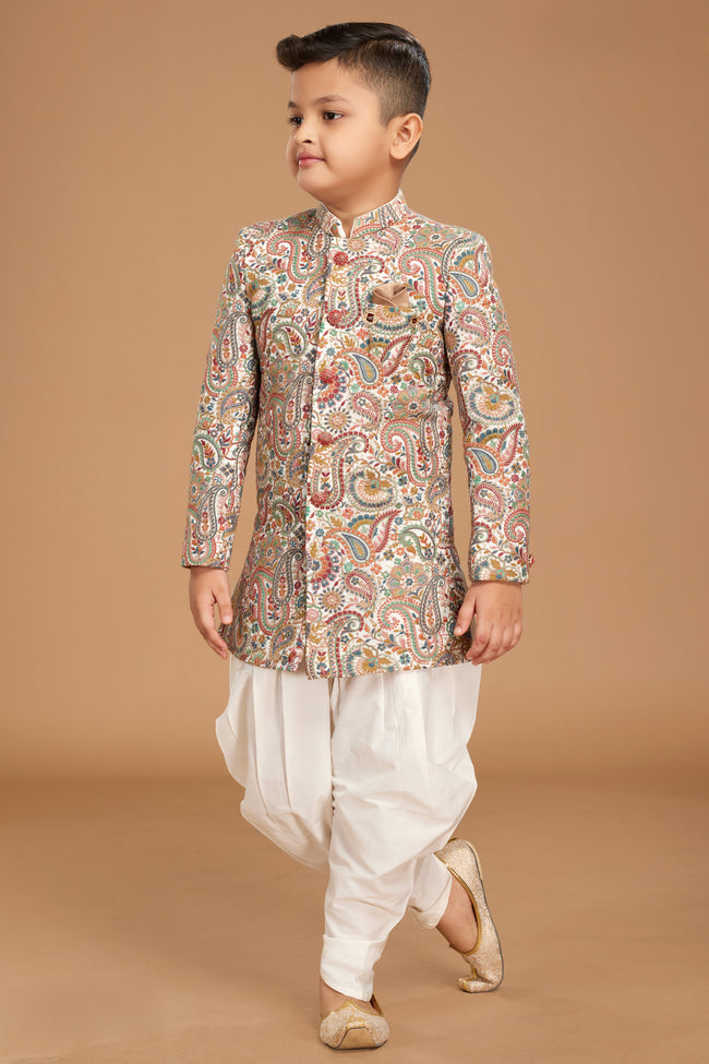  Multicolor Kurta Set In Silk With Ikkat Print For Boys