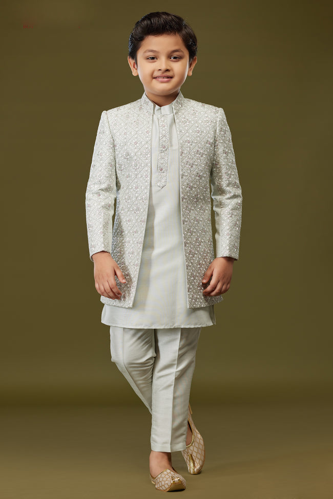 Off-White Sequin Work Embroidered with Jacket Indowestern for Boys