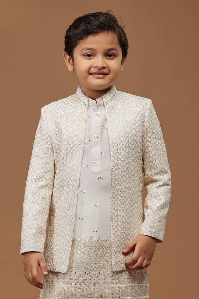 Beige Readymade Indowestern Set In Cotton Silk For Boys