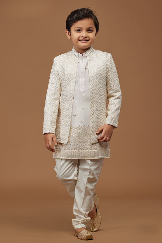 Beige Readymade Indowestern Set In Cotton Silk For Boys