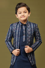 Navy Blue Festive Wear Indowestern Set In Cotton Silk For Boys