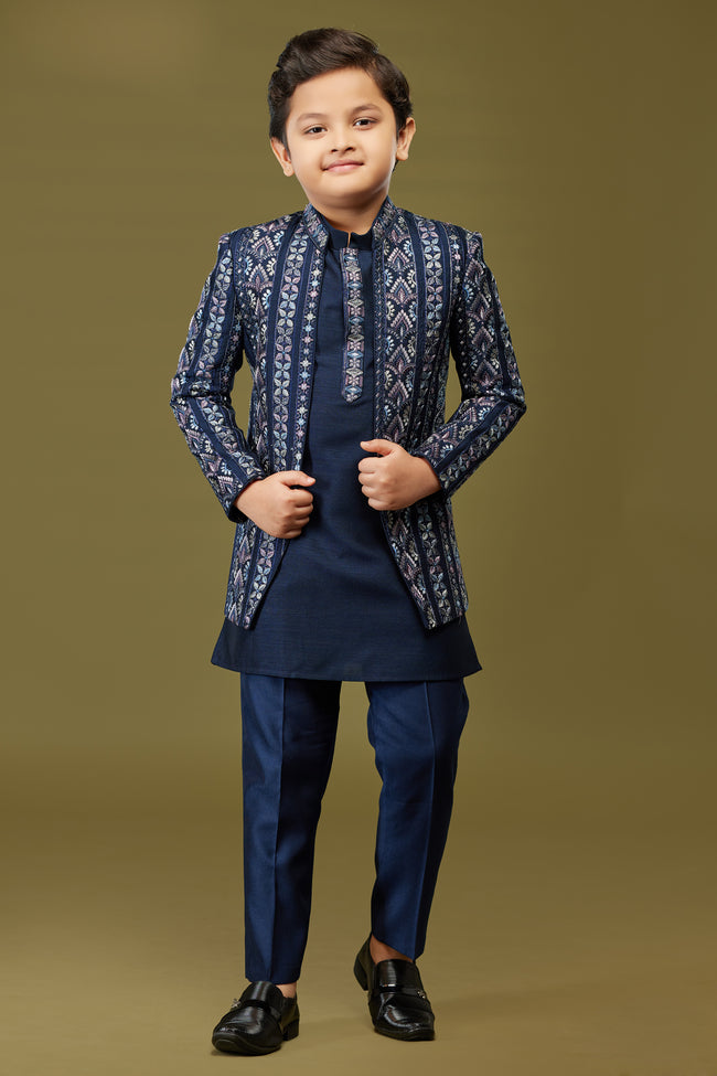 Navy Blue Festive Wear Indowestern Set In Cotton Silk For Boys