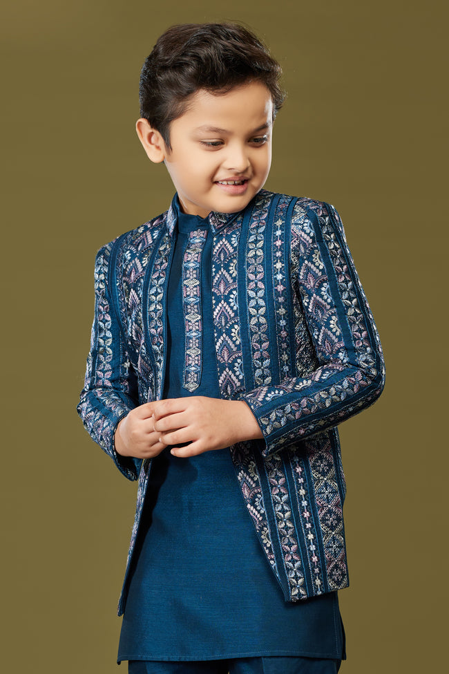 Royal Blue Festive Wear Indowestern Set In Cotton Silk For Boys