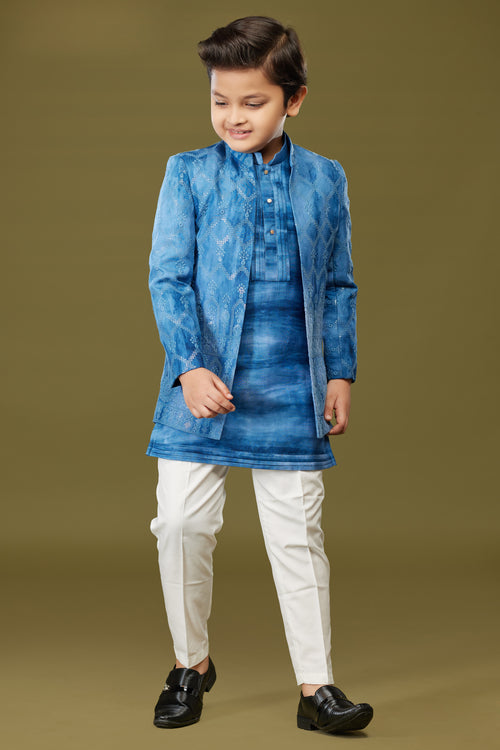 Royal Blue Readymade Indowestern In Art Silk For Boys