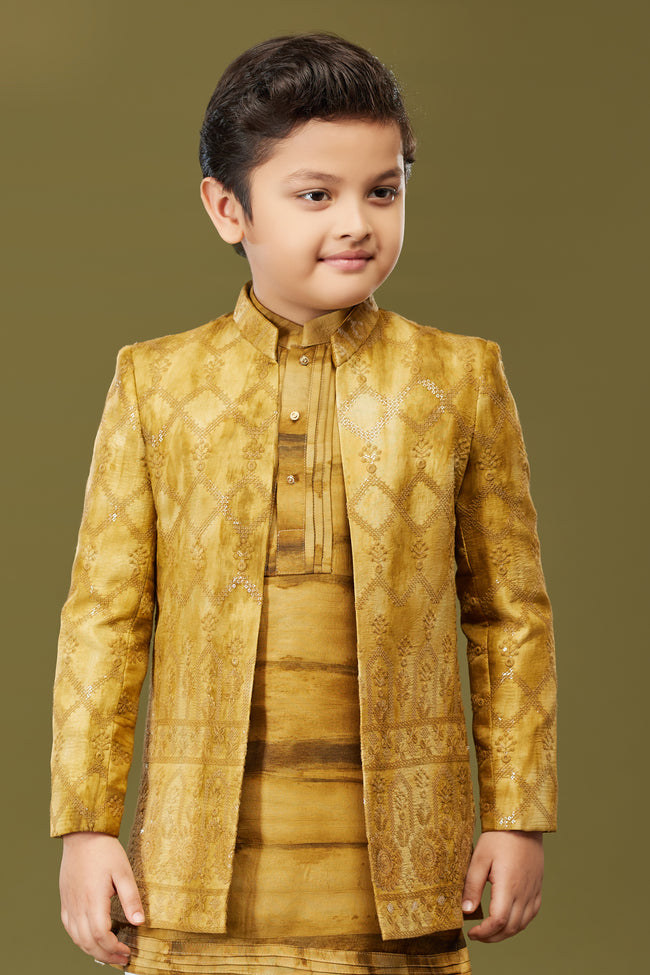 Mustard Yellow Readymade Indowestern In Art Silk For Boys