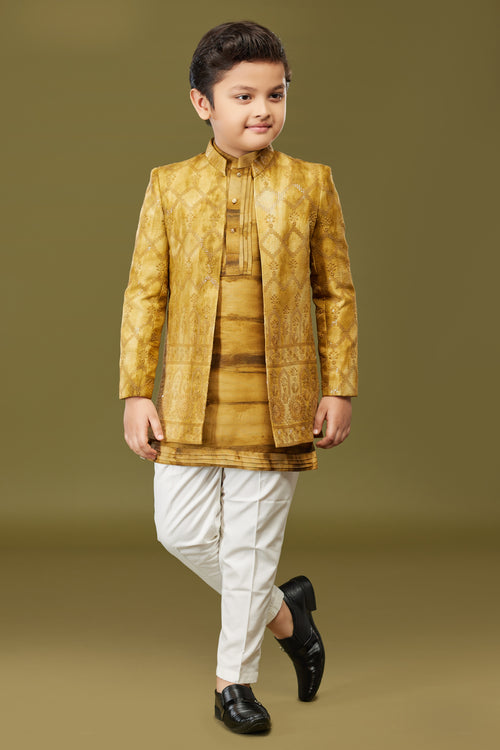 Mustard Yellow Readymade Indowestern In Art Silk For Boys