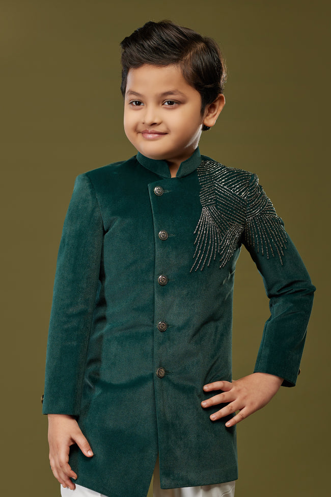 Dark Green Indowestern Set In Suiting Fabric With Threadwork For Boys