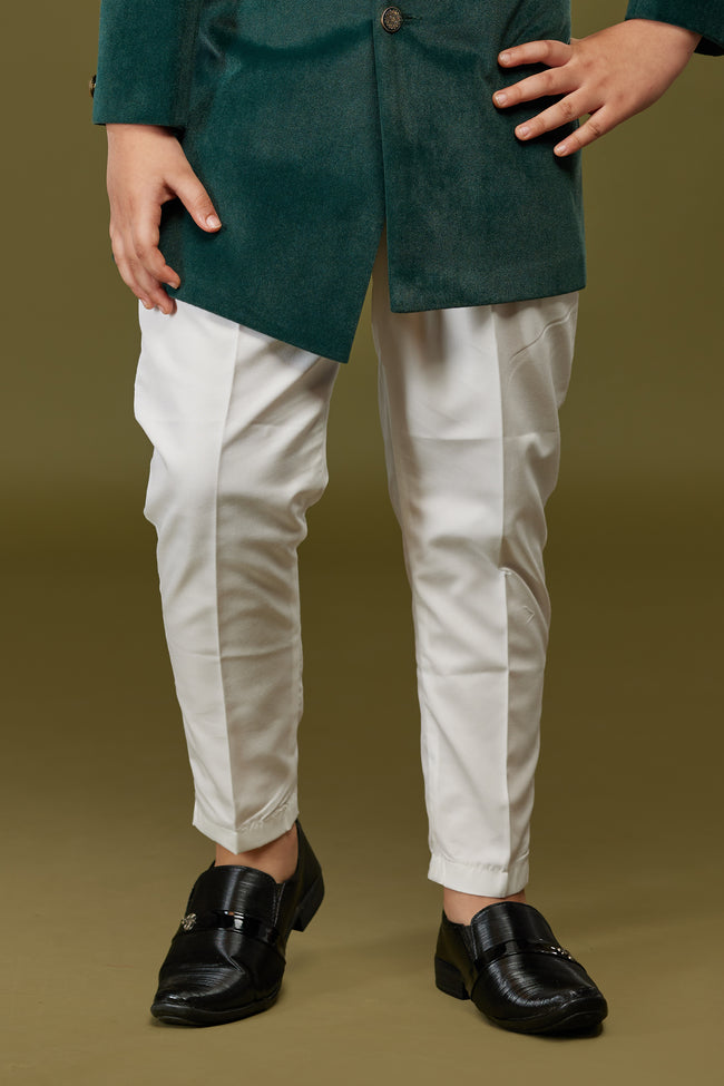 Dark Green Indowestern Set In Suiting Fabric With Threadwork For Boys