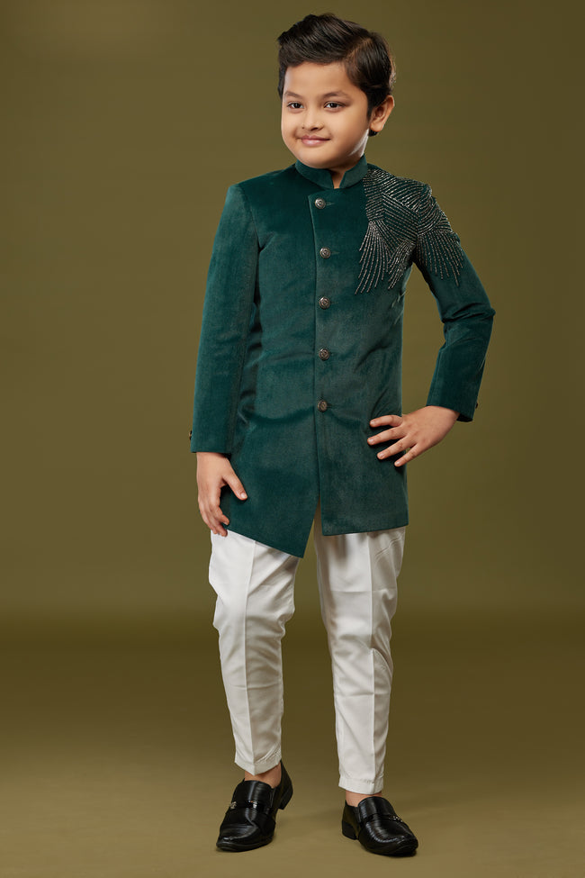 Dark Green Indowestern Set In Suiting Fabric With Threadwork For Boys