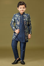 Navy Blue Readymade Indowestern In Art Silk For Boys