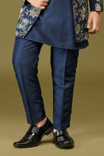 Navy Blue Readymade Indowestern In Art Silk For Boys