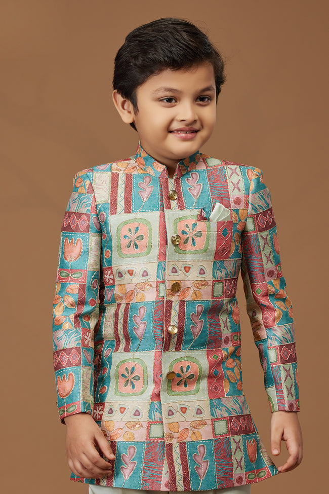 Multicolor Printed Cotton Silk Kurta Pajama Set For Boys