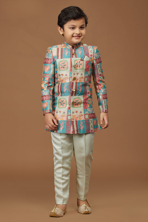 Multicolor Printed Cotton Silk Kurta Pajama Set For Boys