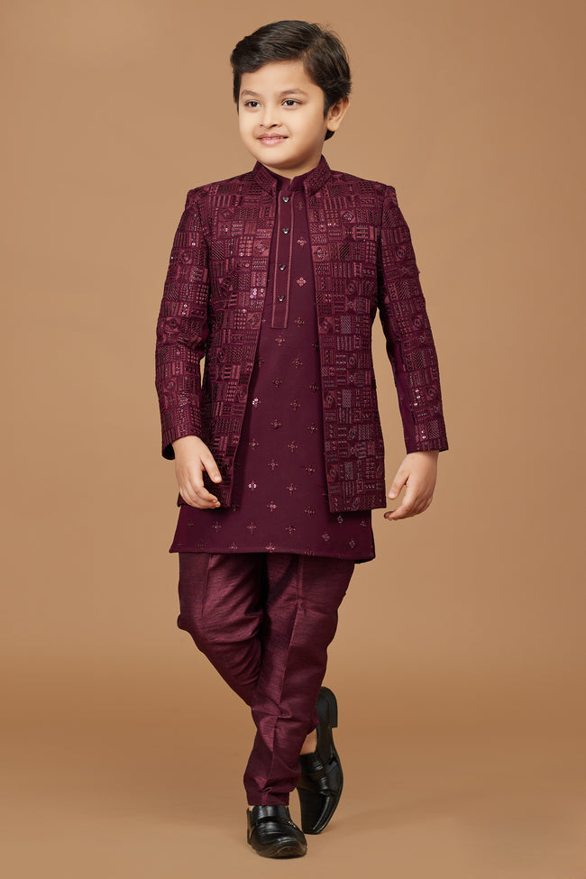 Dark Maroon Readymade Indowestern In Art Silk For Boys