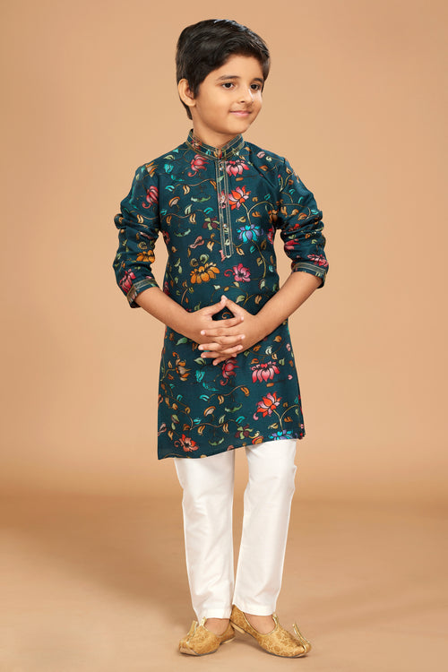 Teal Blue Color Printed Readymade Kurta Pajama In Cotton For Boys