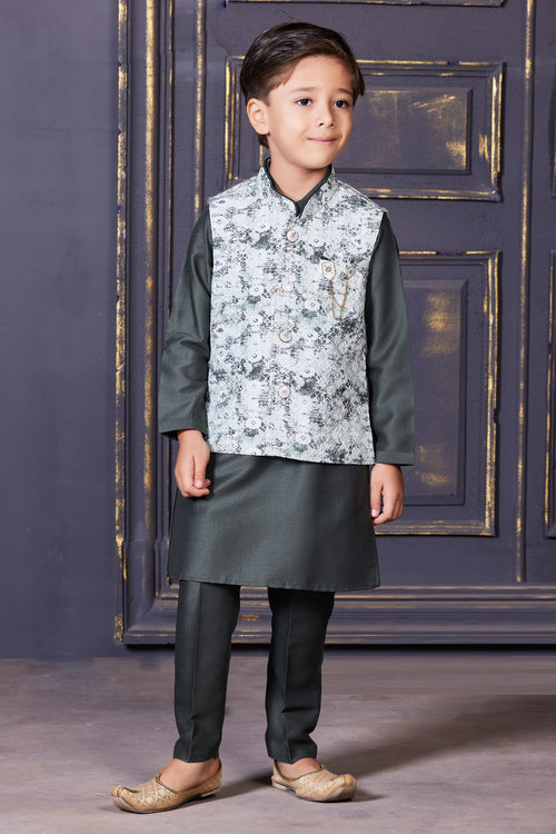 Pine Green Fancy Printed Nehru Jacket For Boys