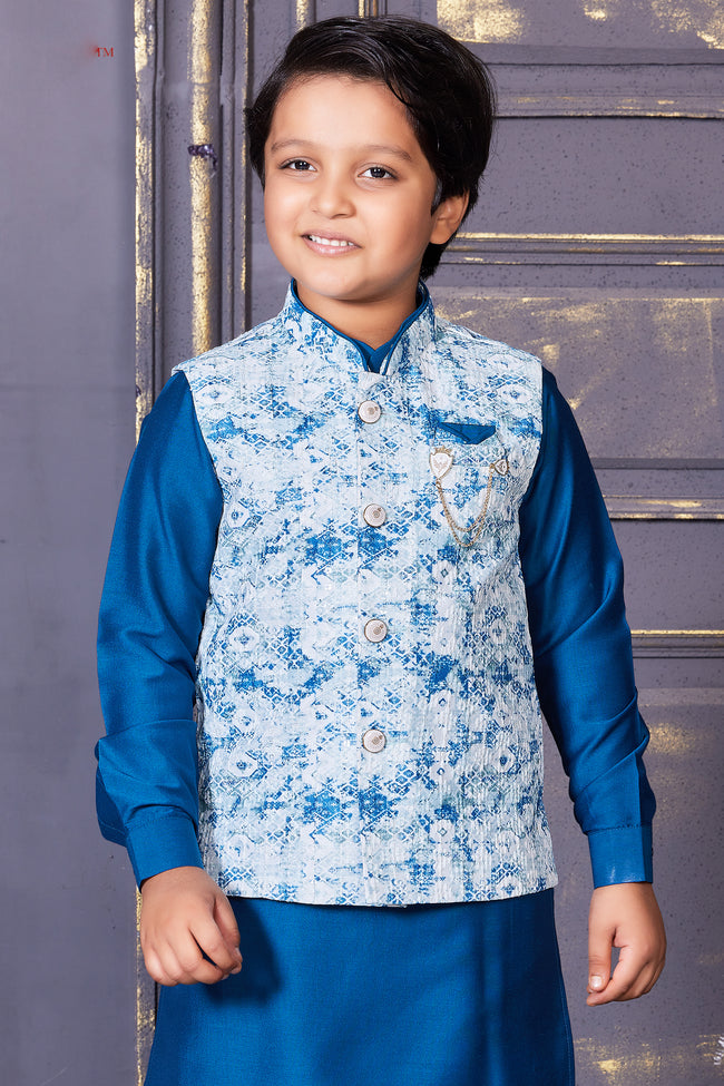 Cobalt Blue Fancy Printed Nehru Jacket For Boys
