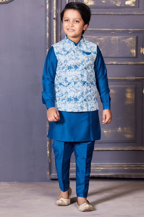 Cobalt Blue Fancy Printed Nehru Jacket For Boys
