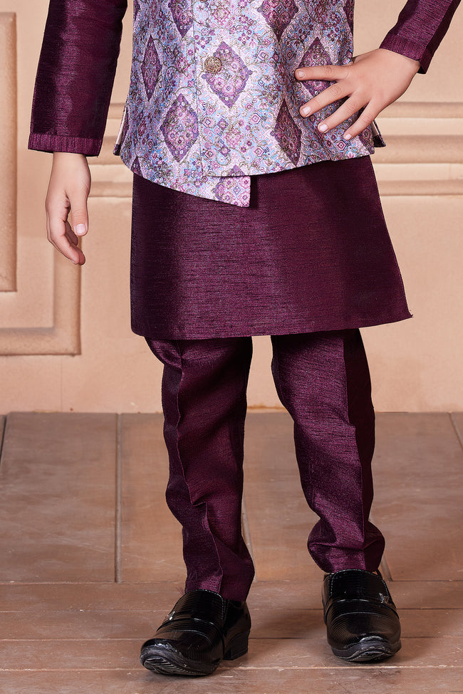 Plum Purple Digital Printed Nehru Jacket Set For Boys