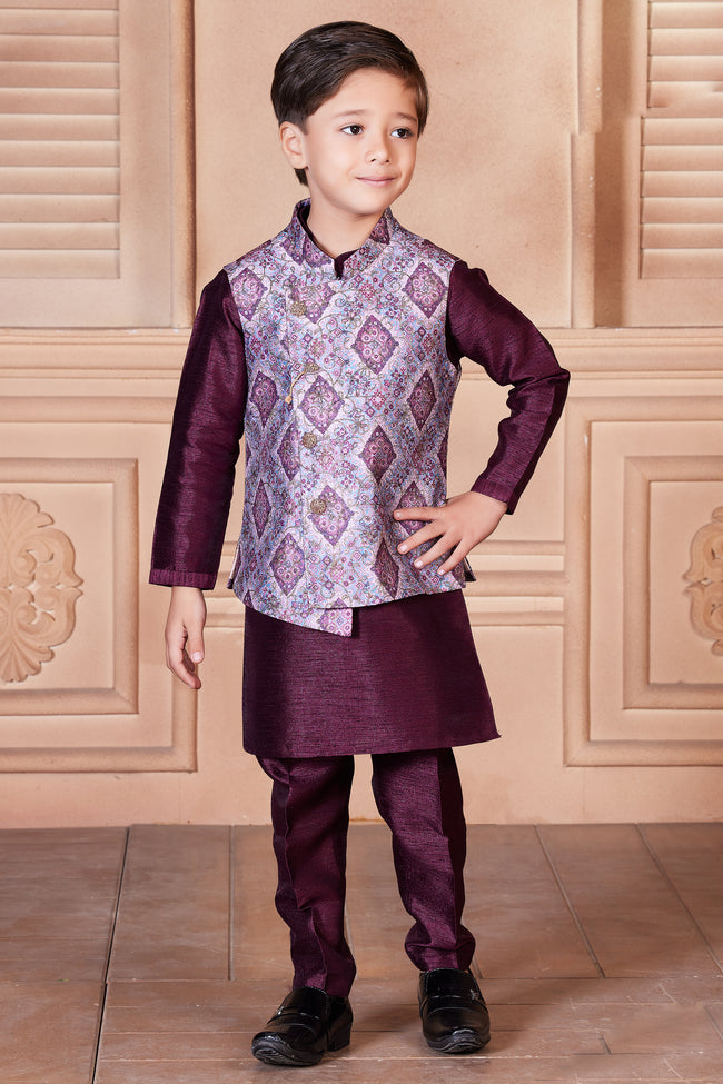 Plum Purple Digital Printed Nehru Jacket Set For Boys