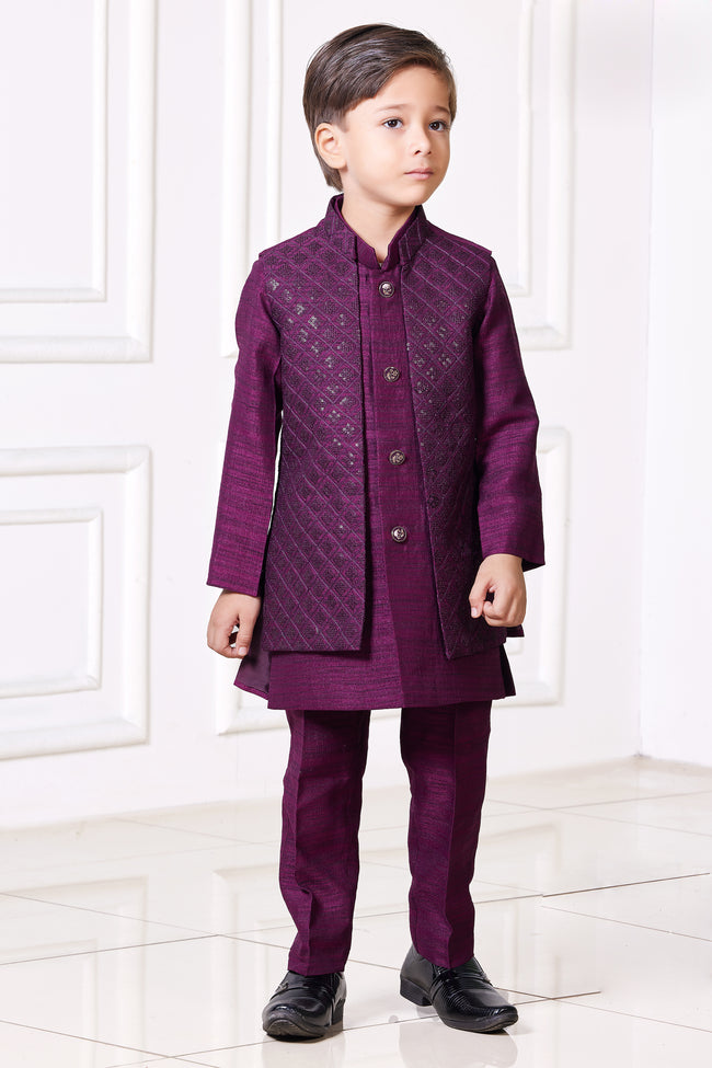 Boys Berry Purple Embroidered Nehru Jacket Set For Boys