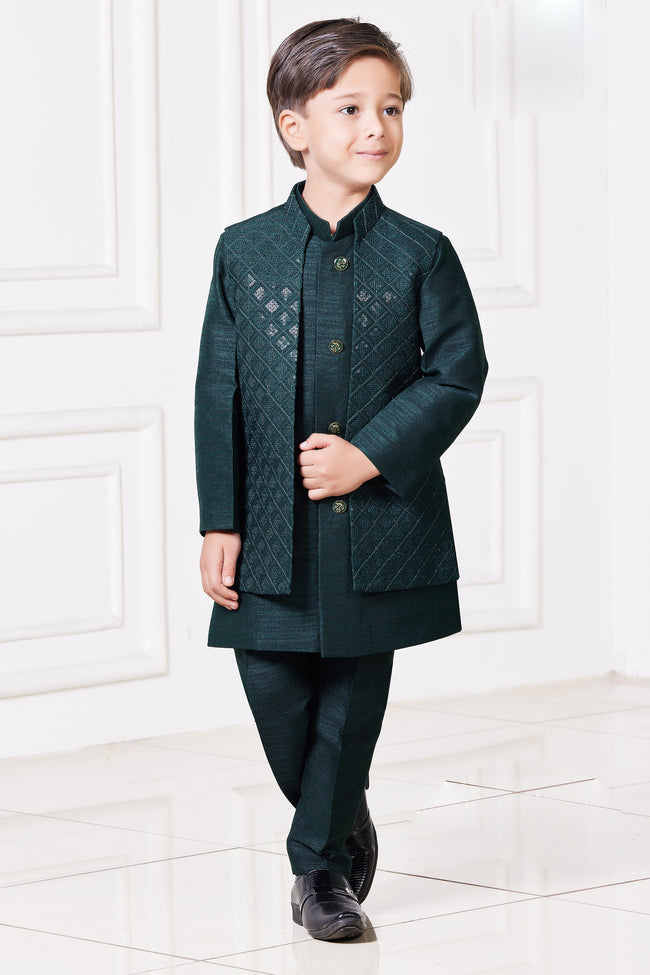 Dark Teal Embroidered Nehru Jacket Set For Boys