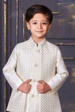 White Kurta Set In Silk With Sequins and Threadwork For Boys