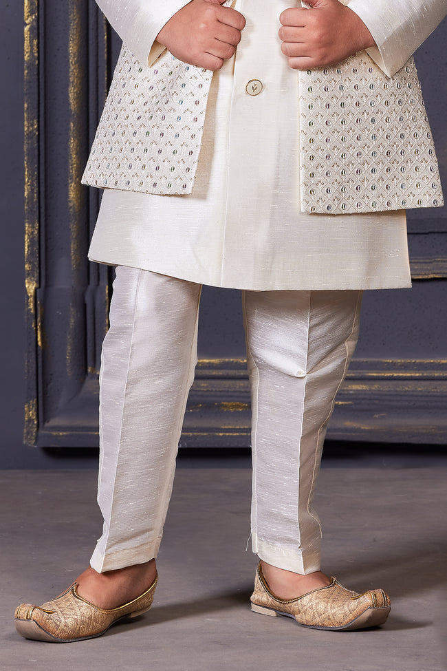 White Kurta Set In Silk With Sequins and Threadwork For Boys