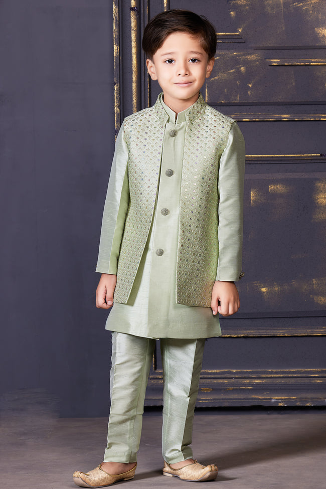 Mint Green Kurta Set In Silk With Sequins and Threadwork For Boys