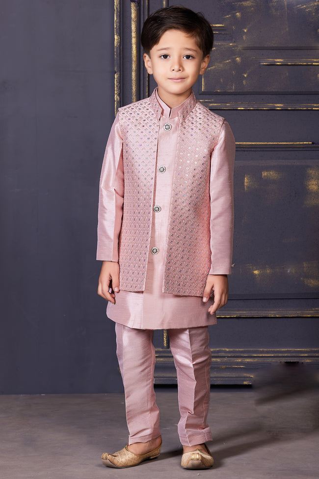 Petal Pink Kurta Set In Silk With Sequins and Threadwork For Boys