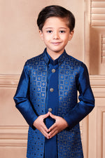 Peacock Blue Patola Printed Nehru Jacket Set For Boys