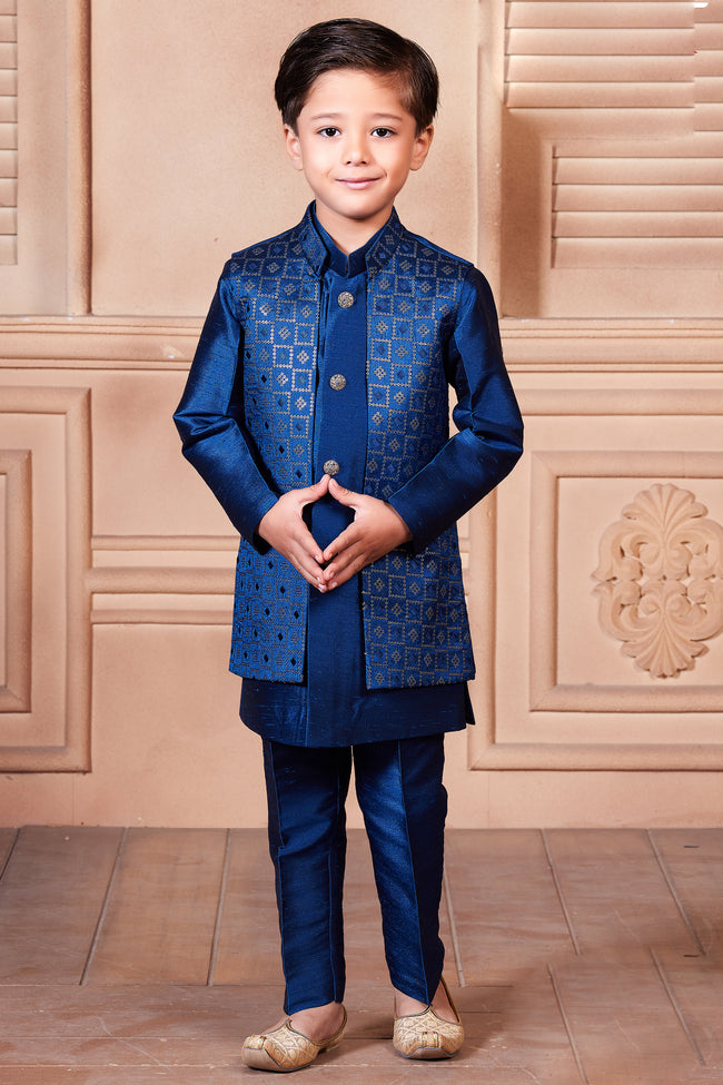 Peacock Blue Patola Printed Nehru Jacket Set For Boys