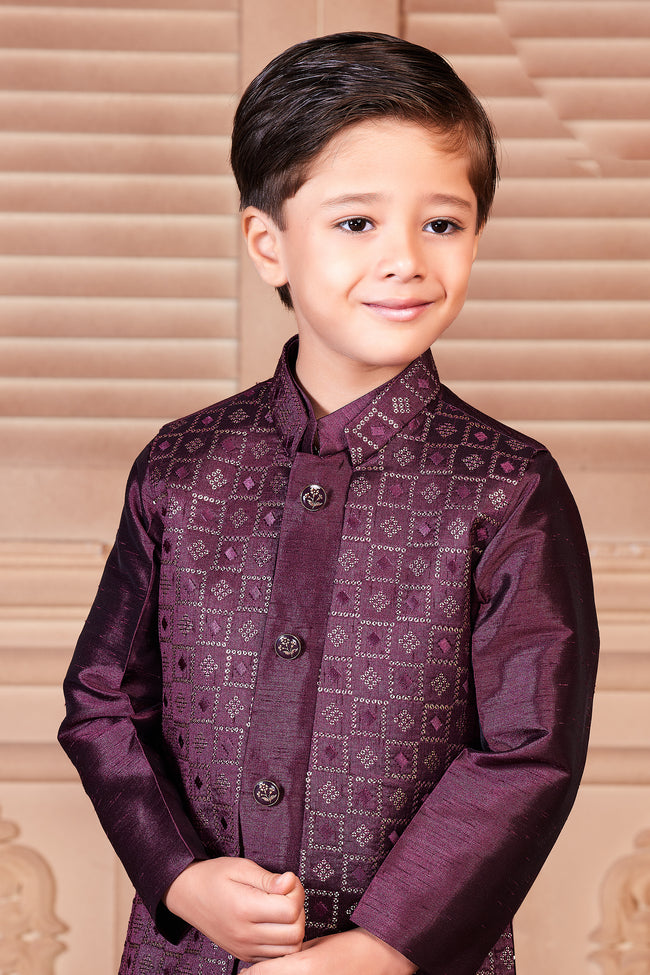 Wine Purple Patola Printed Nehru Jacket Set For Boys