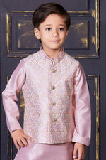 Baby Pink Bandi Jacket & Kurta Set In Silk With Threadwork For Boys