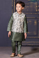 Olive Green Digital Printed Nehru Jacket Set For Boys