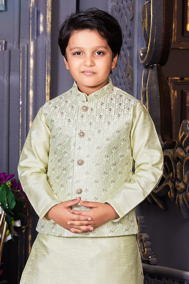 Sea Green Bandi Jacket Set With Embroidered Threadwork for Boys