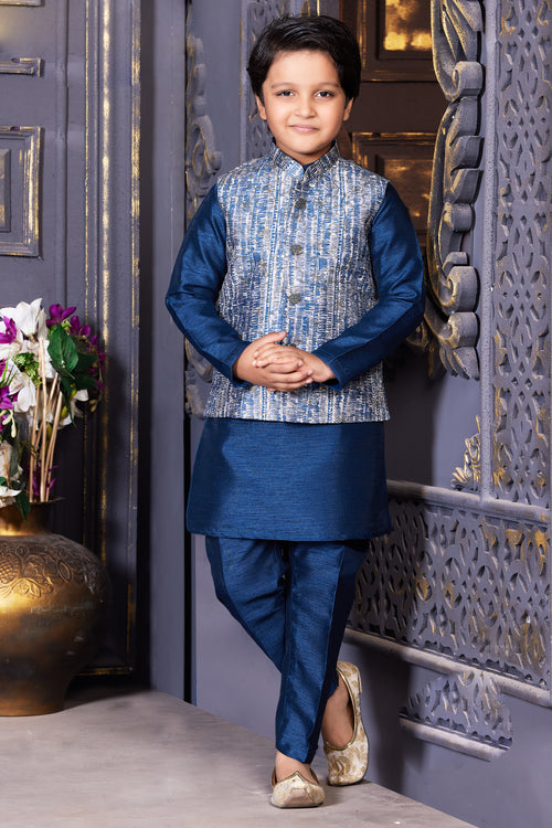 Peacock Blue Silk Nehru Jacket Set For Boys