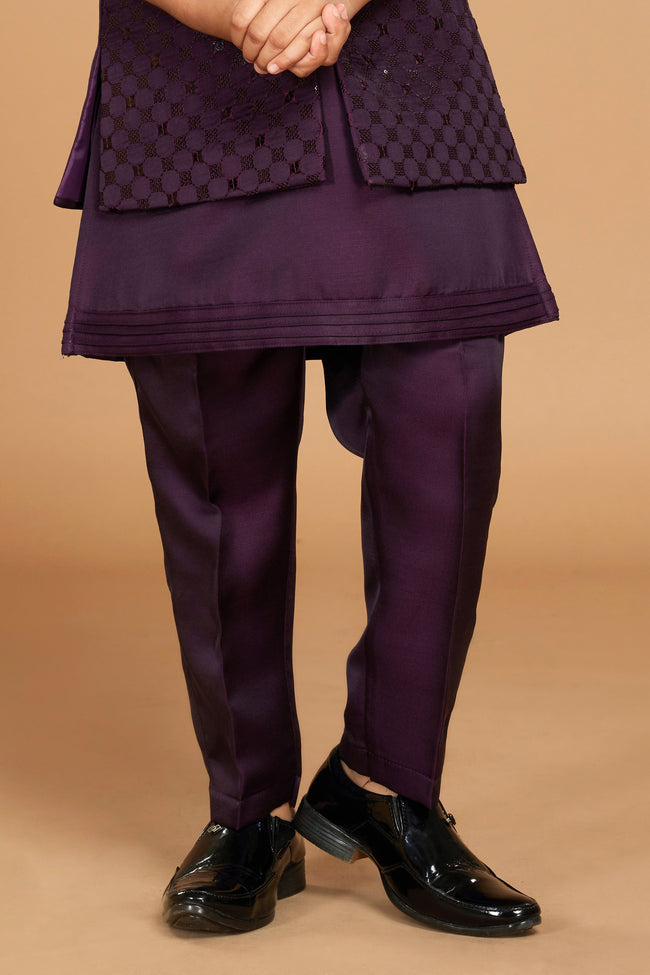 Purple Stylish Jacket Kurta Set In With Thread Work For Boys