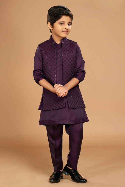 Purple Stylish Jacket Kurta Set In With Thread Work For Boys