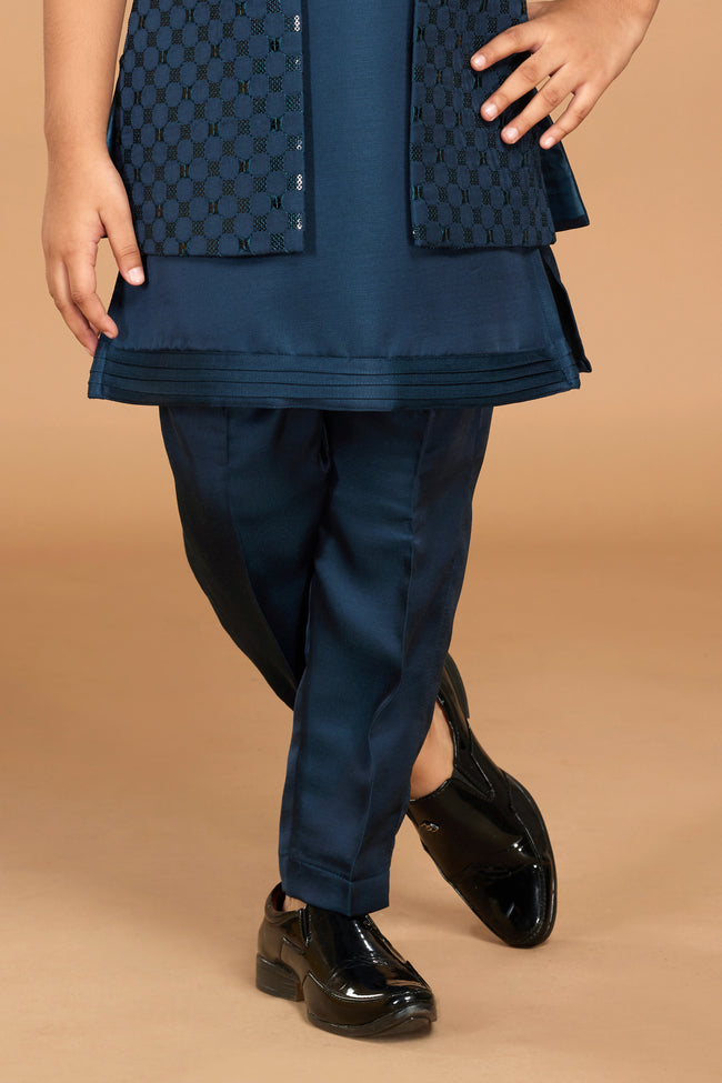 Navy Blue Stylish Jacket Kurta Set In With Thread Work For Boys