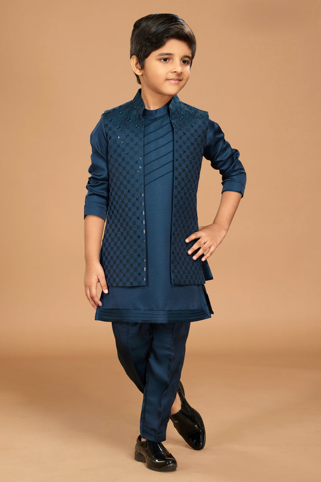 Navy Blue Stylish Jacket Kurta Set In With Thread Work For Boys