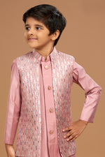 Candy Pink Wedding Wear Embroidered Jacket Kurta Set For Boys