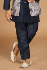 Navy Blue Cotton Silk Jacket Kurta Set For Boys