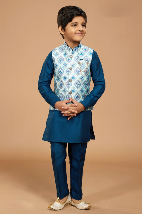 Rama Blue Wedding Wear Embroidered Jacket Kurta Set For Boys